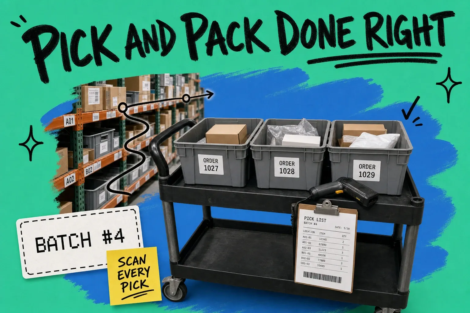 Warehouse pick-and-pack scene with shelving, order totes on a pick cart, and a handheld barcode scanner, with a hand-drawn baked headline reading Pick and Pack Done Right on a teal background