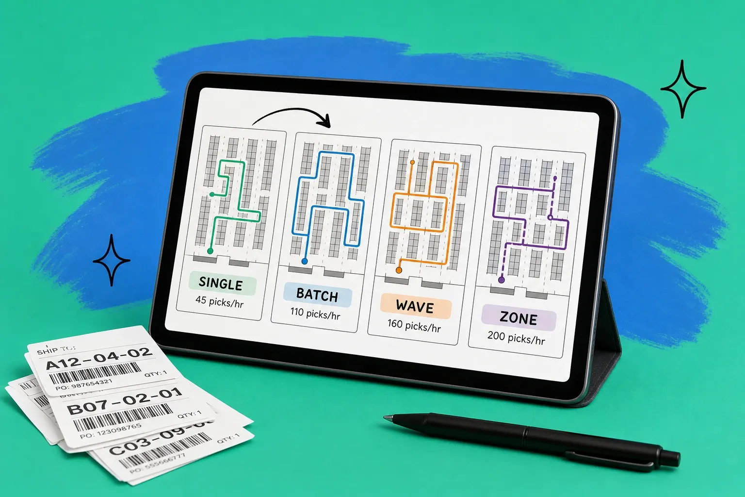 Comparison of single-order, batch, wave, and zone picking shown as warehouse aisle layouts on a tablet with routing arrows and picks-per-hour figures on a teal background