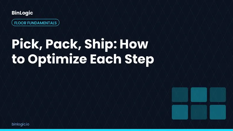 Dark navy title card showing the BinLogic wordmark, a Floor Fundamentals tag, the article title in large white type, and a grid of six teal squares in the lower right