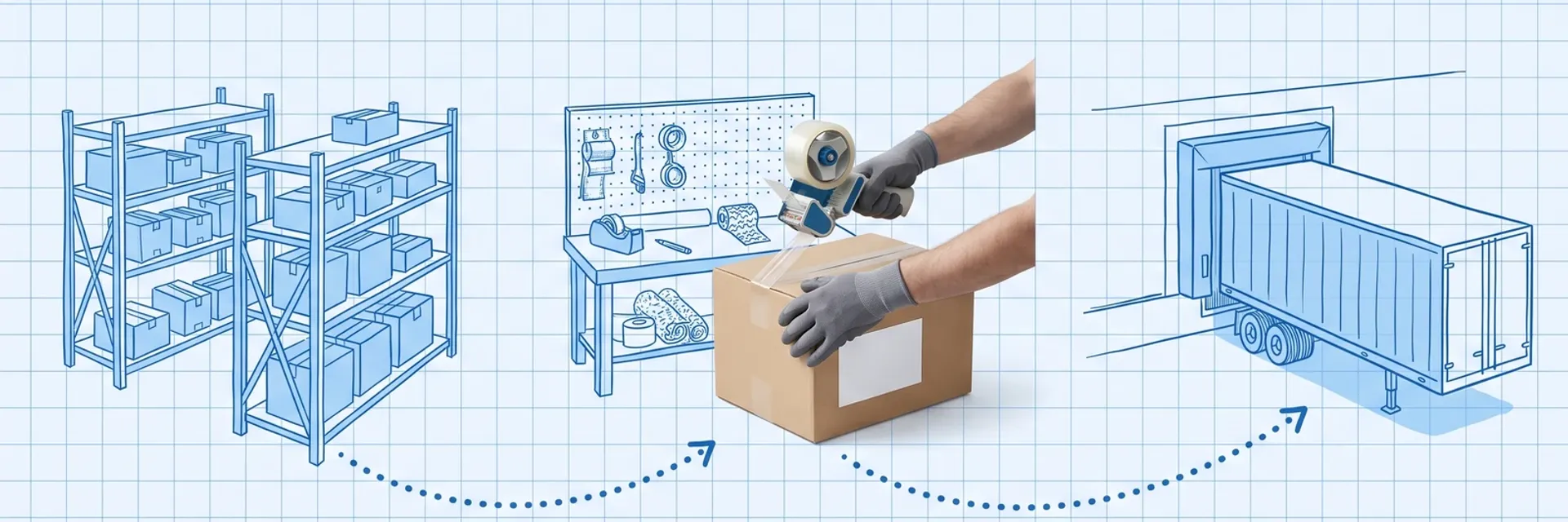 Hand-drawn blue blueprint flow from storage shelving to a packing bench to a trailer at a loading dock, joined by dotted arrows; at the bench, photoreal gloved hands seal a cardboard carton with a tape gun