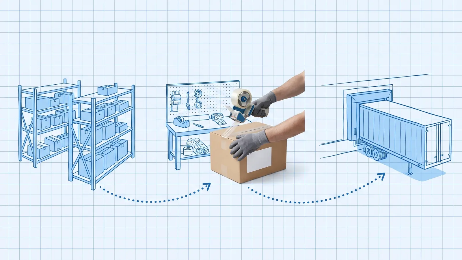 Hand-drawn blue blueprint flow from storage shelving to a packing bench to a trailer at a loading dock, joined by dotted arrows; at the bench, photoreal gloved hands seal a cardboard carton with a tape gun