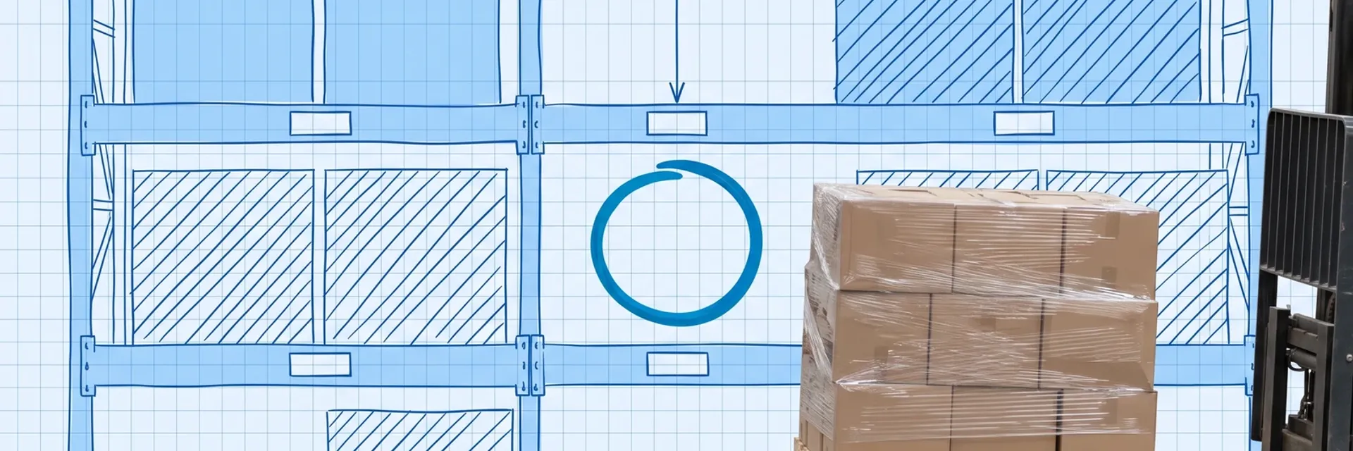 Put-away best practices — blueprint drawing of a pallet rack bay with hatched blocked slots and sprinklers overhead, and a photographed forklift carrying a stretch-wrapped pallet of cartons toward the one open slot, circled in blue