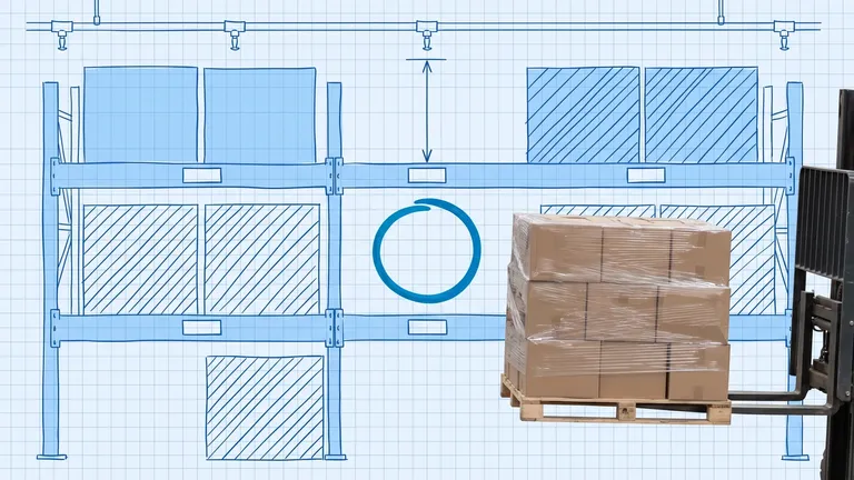 Put-away best practices — blueprint drawing of a pallet rack bay with hatched blocked slots and sprinklers overhead, and a photographed forklift carrying a stretch-wrapped pallet of cartons toward the one open slot, circled in blue