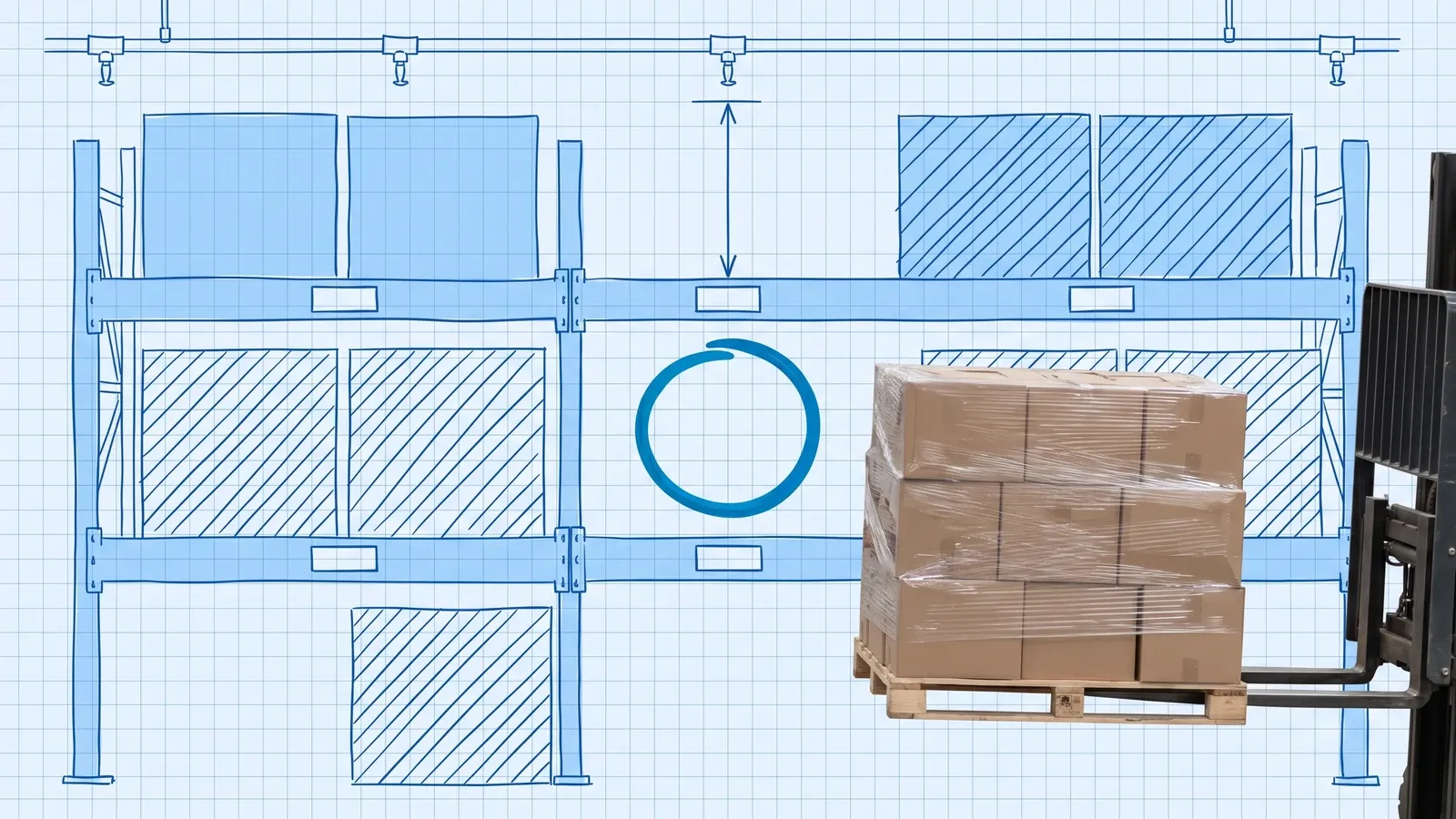 Put-away best practices — blueprint drawing of a pallet rack bay with hatched blocked slots and sprinklers overhead, and a photographed forklift carrying a stretch-wrapped pallet of cartons toward the one open slot, circled in blue