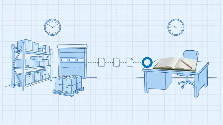 QuickBooks and warehouse sync — blueprint drawing of racking, a dock door and a pallet on the left, joined by a dotted line carrying three blank documents to a photographed open green ledger book and pencil on an office desk, with a wall clock above each side showing a different time