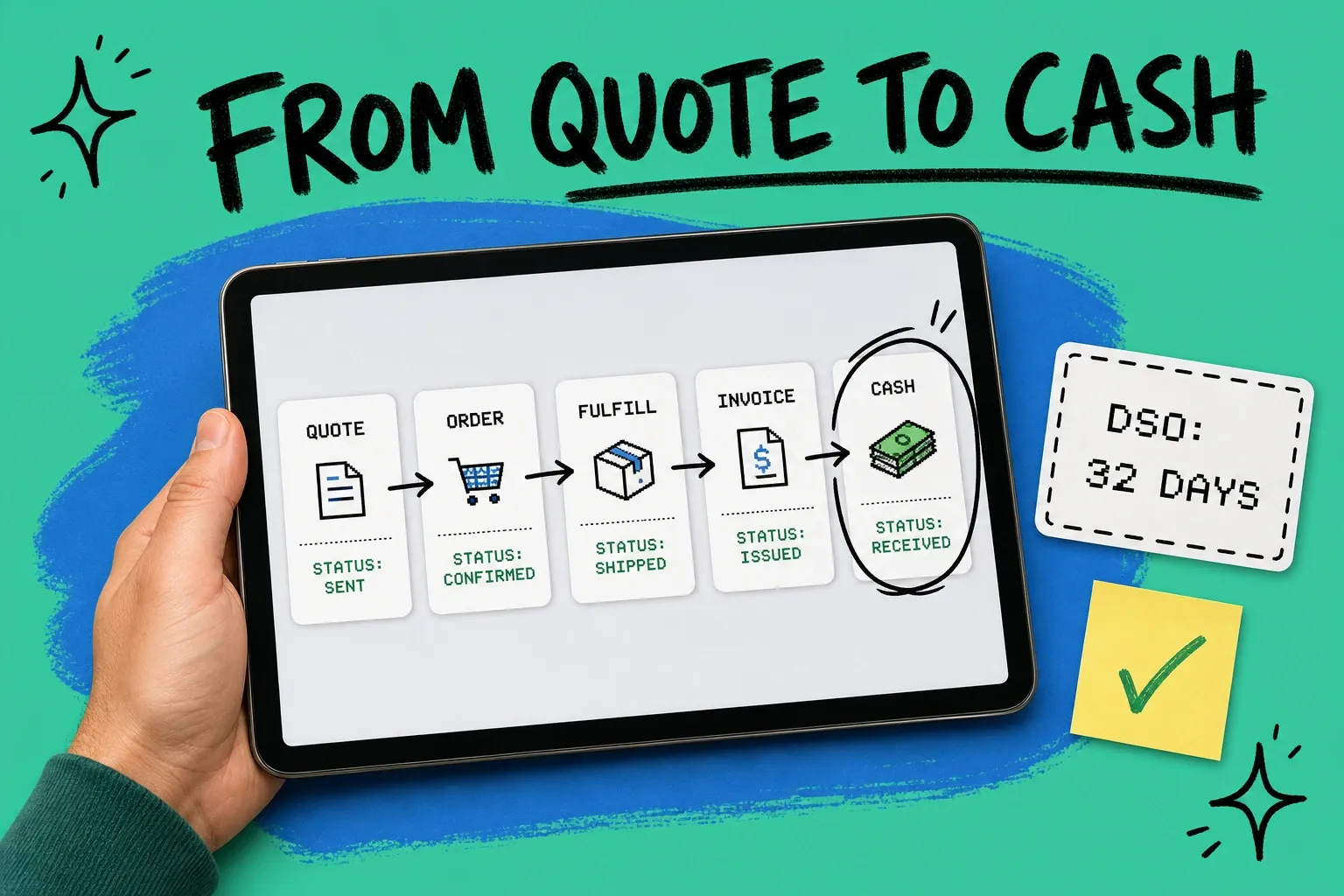 Quote-to-cash flow on a tablet showing five connected stages from quote to order to fulfill to invoice to cash on a mint teal background with hand-drawn arrows
