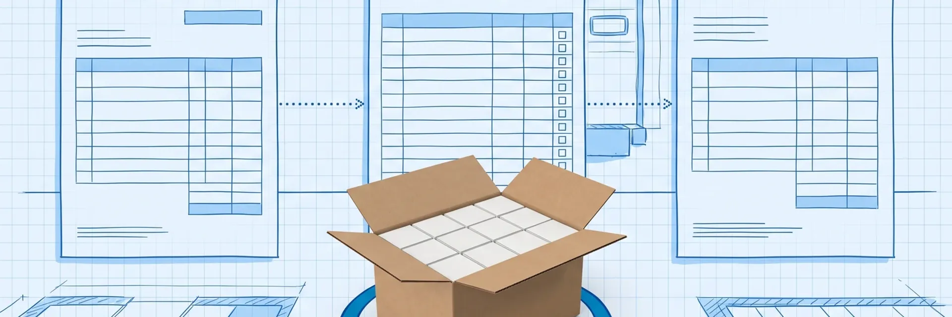 Blueprint drawing of a purchase order, a receiving record and a supplier invoice joined by dotted arrows, with a real opened carton of small white boxes inside a blue ring in front of the receiving record