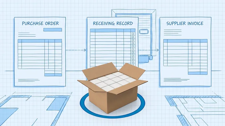 Blueprint drawing of a purchase order, a receiving record and a supplier invoice joined by dotted arrows, with a real opened carton of small white boxes inside a blue ring in front of the receiving record