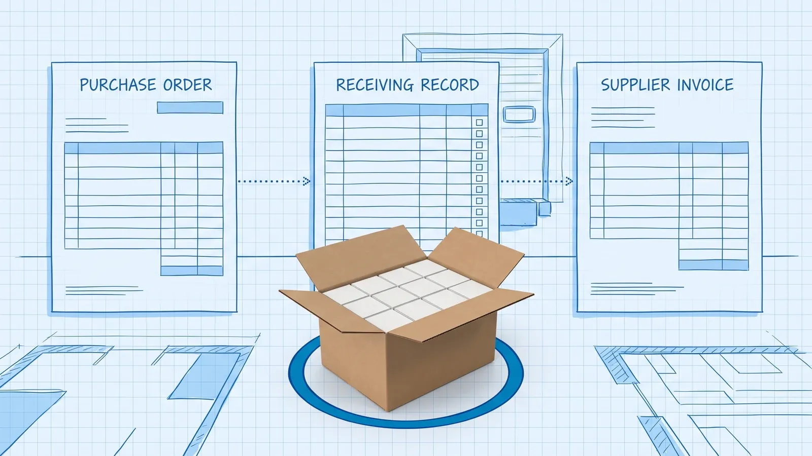 Blueprint drawing of a purchase order, a receiving record and a supplier invoice joined by dotted arrows, with a real opened carton of small white boxes inside a blue ring in front of the receiving record