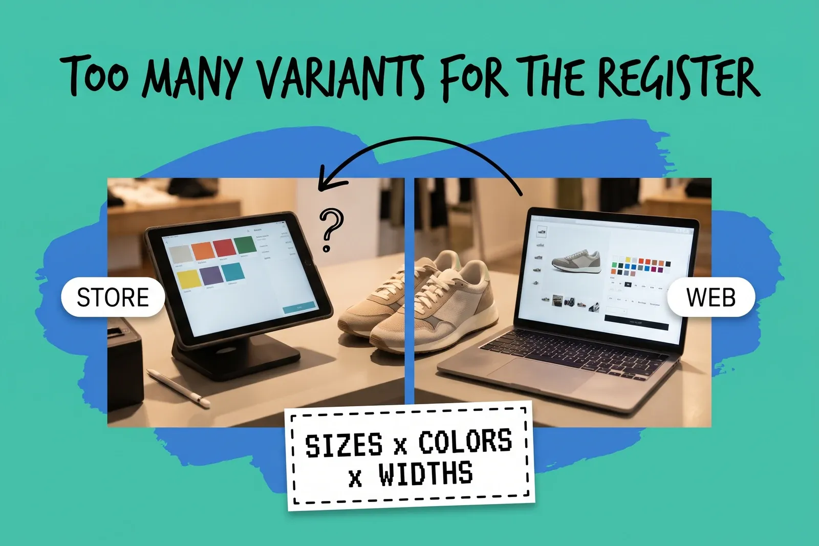 Register and website variant limits — mint collage with the hand-drawn headline 'Too many variants for the register' above a split photo of a store tablet register showing a few color tiles and a laptop product page with many color swatches, plain sneakers between them, STORE and WEB tags and a dashed card reading 'Sizes x colors x widths'