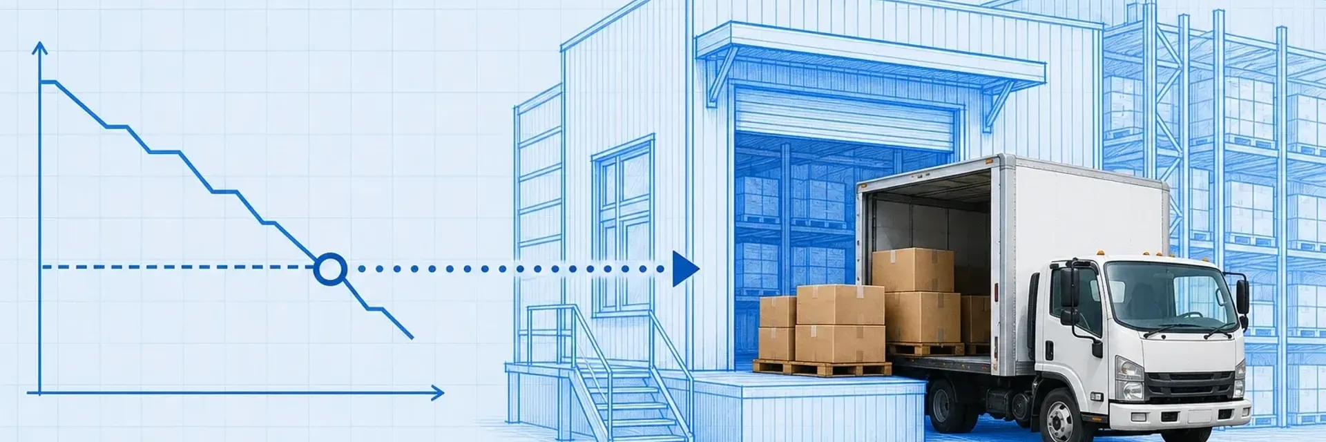 Blueprint stock-level line chart whose descending line crosses a dashed cyan reorder-point threshold marked by a ring, with a dotted route arrow leading to a real delivery truck loaded with cardboard boxes arriving at a blueprint loading dock as replenishment, on pale-blue grid paper