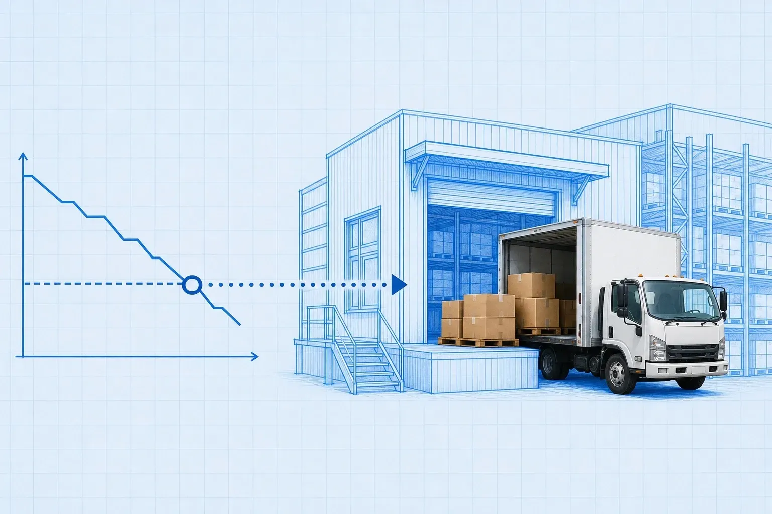 Blueprint stock-level line chart whose descending line crosses a dashed cyan reorder-point threshold marked by a ring, with a dotted route arrow leading to a real delivery truck loaded with cardboard boxes arriving at a blueprint loading dock as replenishment, on pale-blue grid paper