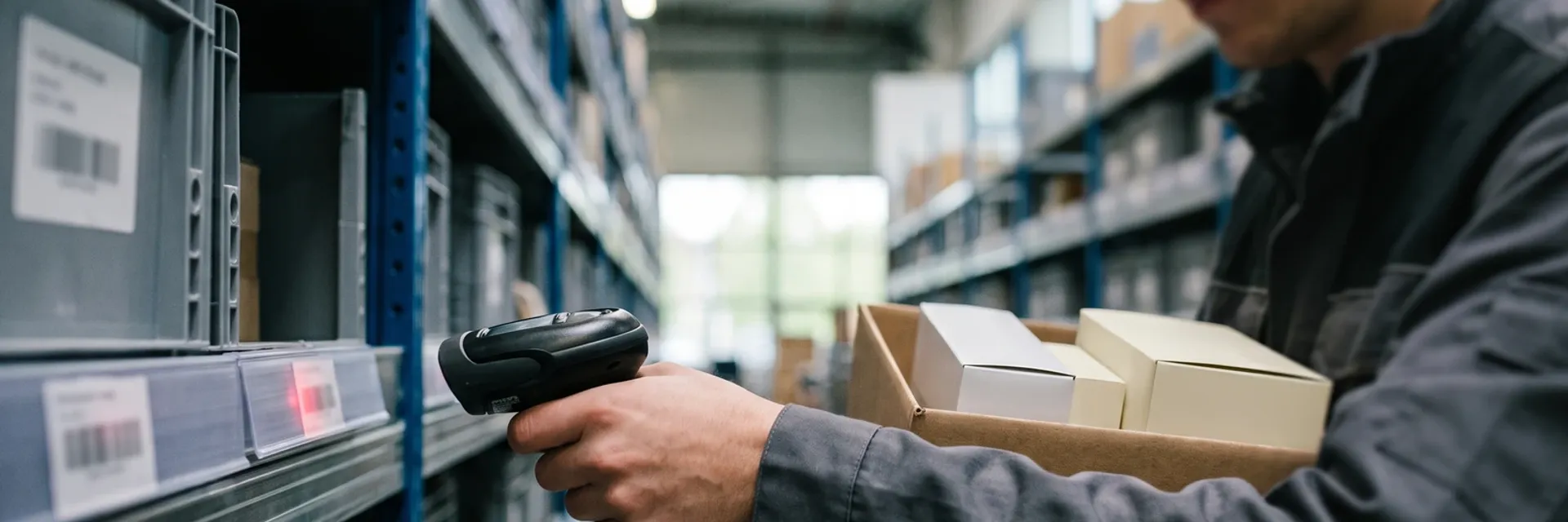 A warehouse worker in a dark jacket stands in a narrow aisle between tall shelving units, aiming a handheld barcode scanner at a small label on a shelf edge while steadying a plain cardboard box.
