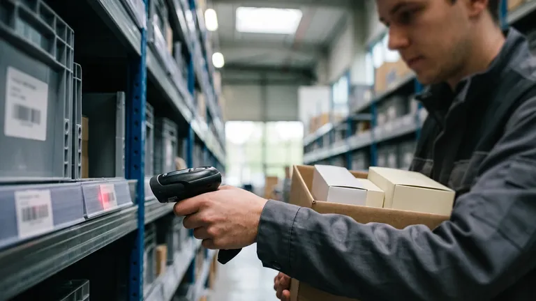 A warehouse worker in a dark jacket stands in a narrow aisle between tall shelving units, aiming a handheld barcode scanner at a small label on a shelf edge while steadying a plain cardboard box.