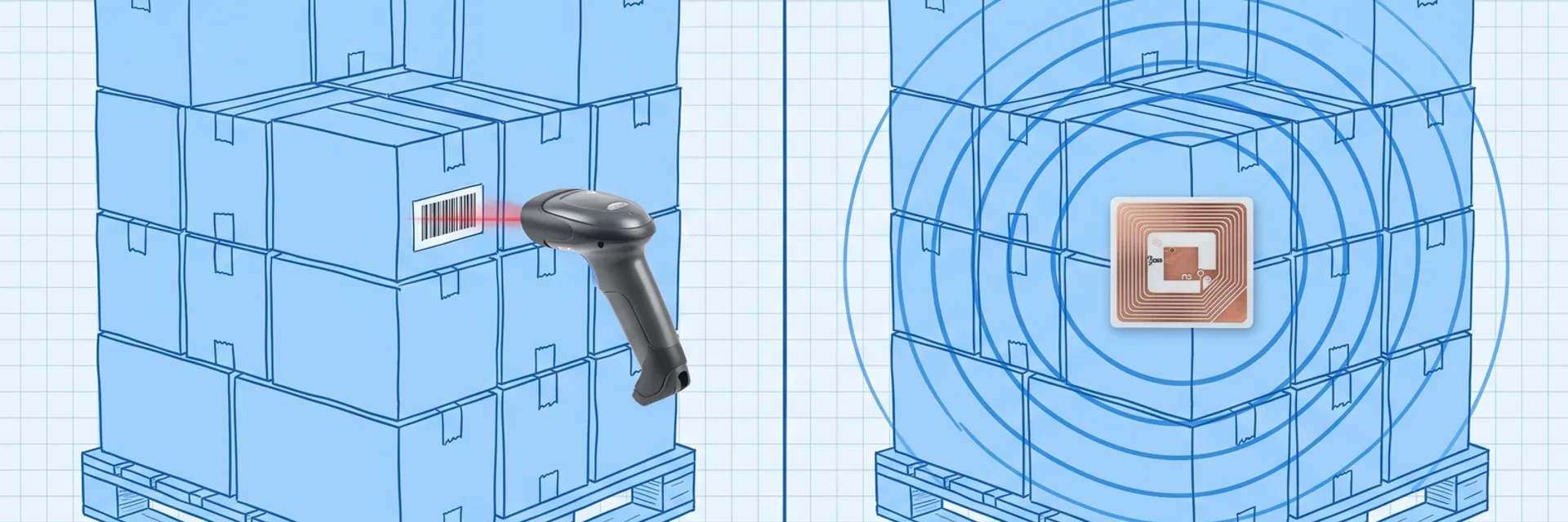 Two hand-drawn blue blueprint pallets of cartons side by side: on one, a photoreal handheld scanner reads a single barcode with a red line; on the other, a photoreal RFID tag sends concentric radio waves across every carton at once