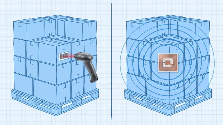 Two hand-drawn blue blueprint pallets of cartons side by side: on one, a photoreal handheld scanner reads a single barcode with a red line; on the other, a photoreal RFID tag sends concentric radio waves across every carton at once