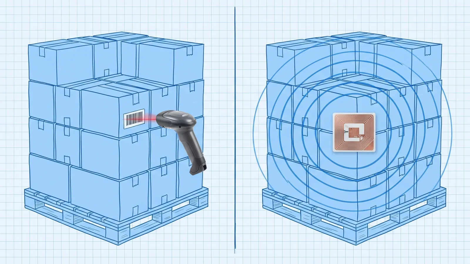 Two hand-drawn blue blueprint pallets of cartons side by side: on one, a photoreal handheld scanner reads a single barcode with a red line; on the other, a photoreal RFID tag sends concentric radio waves across every carton at once