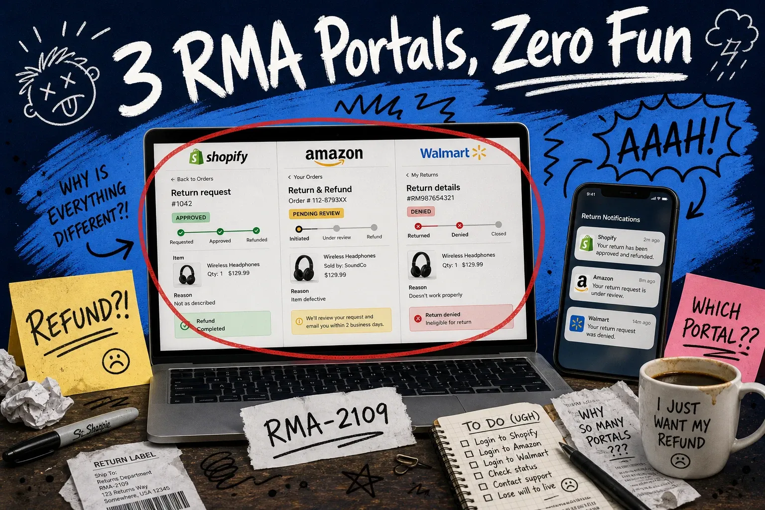 Laptop showing Shopify, Amazon, and Walmart returns portals with conflicting statuses, phone with stacked return notifications and sticky notes, dark navy chaos style