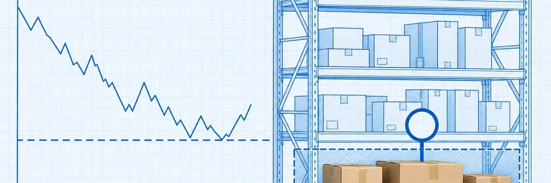 Blueprint stock-level line chart on the left descending and bouncing off a dashed cyan safety-stock floor line, beside a blueprint storage shelf whose dashed lower reserve band holds real cardboard boxes flagged by a cyan ring marker, on pale-blue grid paper
