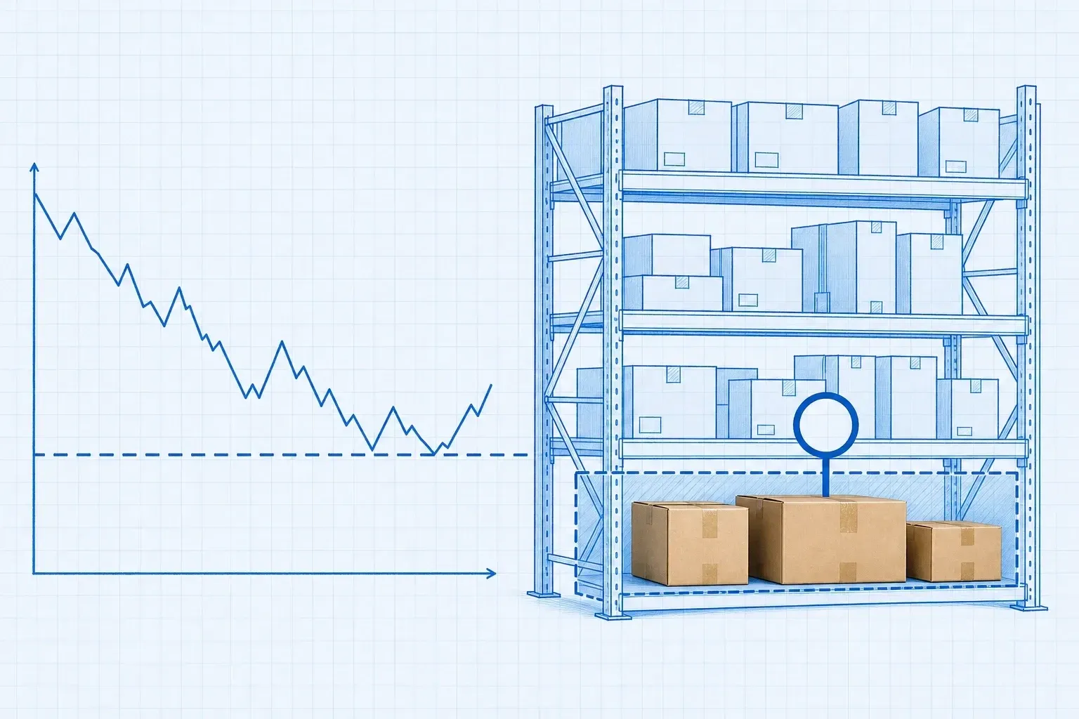 Blueprint stock-level line chart on the left descending and bouncing off a dashed cyan safety-stock floor line, beside a blueprint storage shelf whose dashed lower reserve band holds real cardboard boxes flagged by a cyan ring marker, on pale-blue grid paper