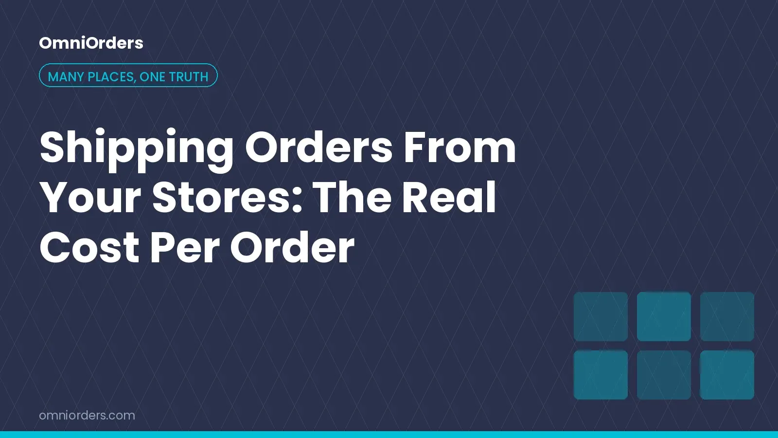 Dark blue title card showing the OmniOrders wordmark, a Many Places One Truth tag, the article title in large white type, and a grid of six teal squares in the lower right