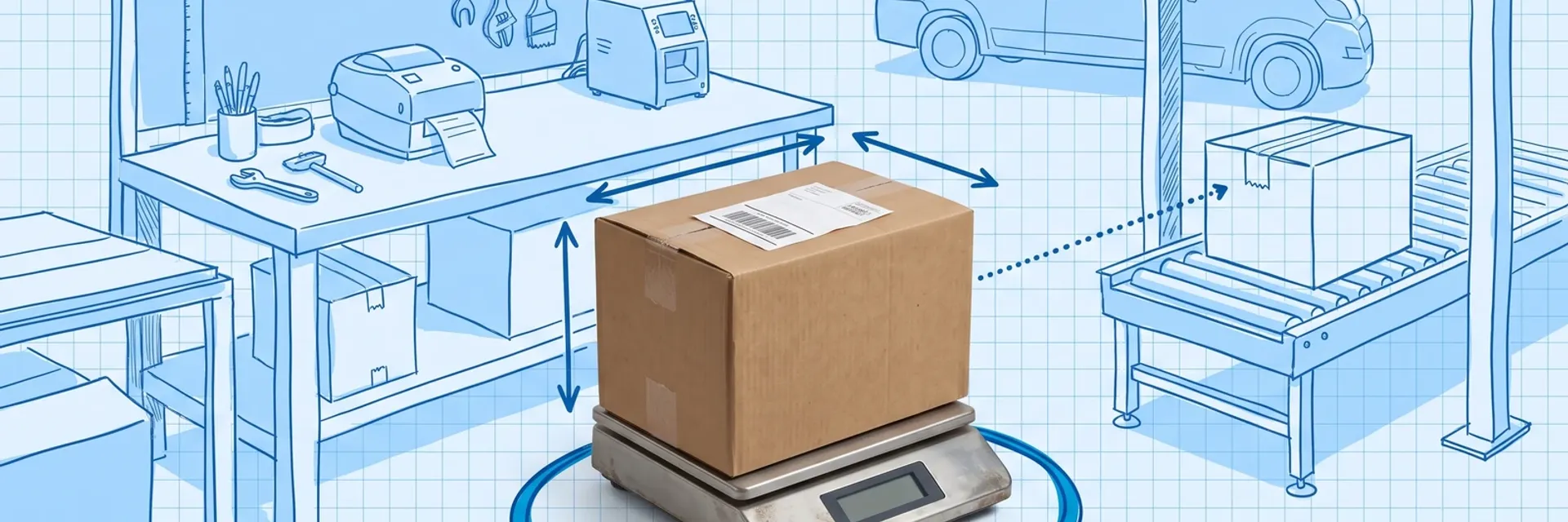 Carrier label flow — a photographed brown shipping carton with a white thermal label on a steel platform scale inside a dark blue ring, set in a blue blueprint drawing of a packing bench with a label printer, dimension arrows around the box, and a dotted line to the same box passing under a measuring arch on a roller conveyor beside a delivery van