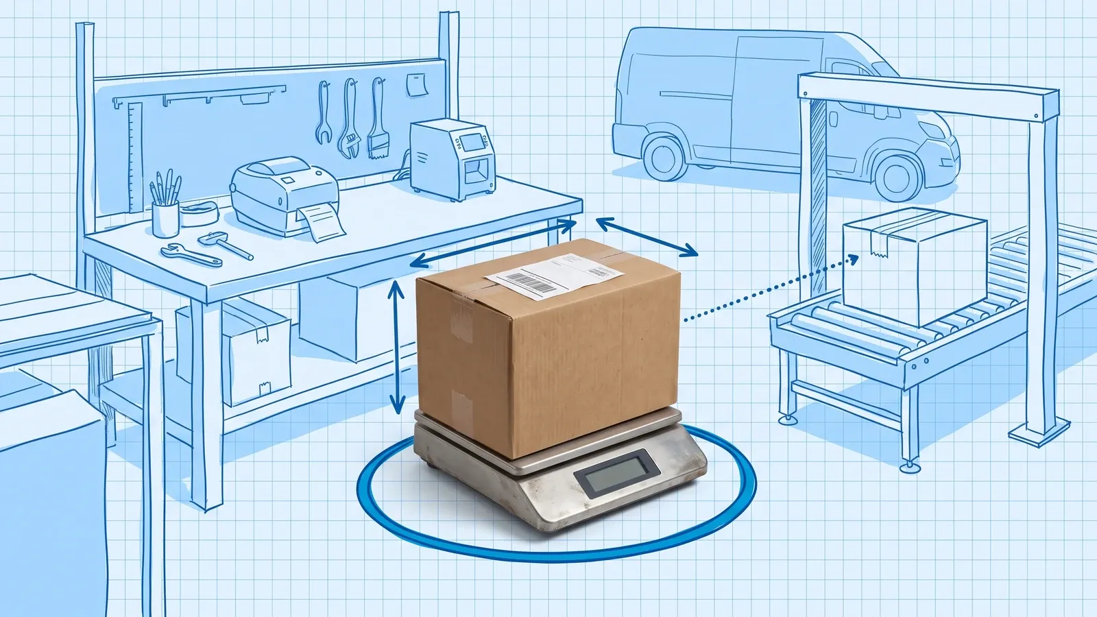 Carrier label flow — a photographed brown shipping carton with a white thermal label on a steel platform scale inside a dark blue ring, set in a blue blueprint drawing of a packing bench with a label printer, dimension arrows around the box, and a dotted line to the same box passing under a measuring arch on a roller conveyor beside a delivery van