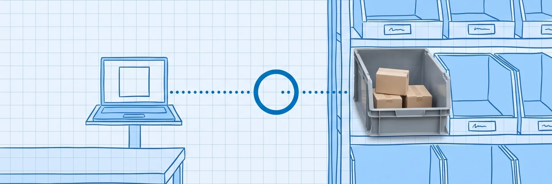 Shopify inventory out of sync: a blueprint laptop on a stand linked by a dotted line to a photoreal grey bin of three kraft boxes on blueprint shelving, the line broken inside a blue ring
