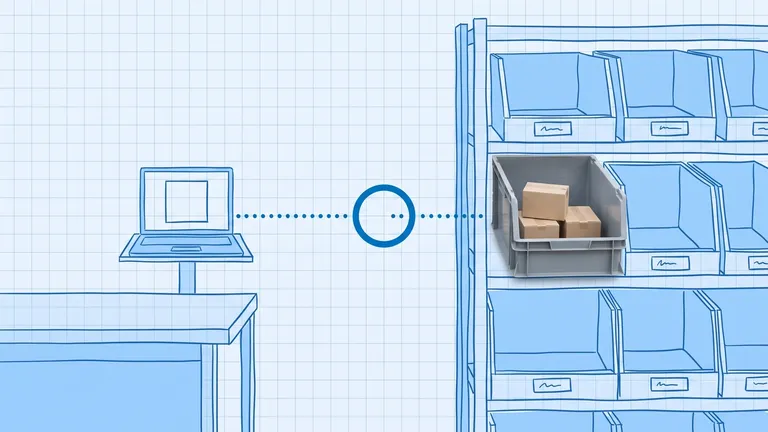 Shopify inventory out of sync: a blueprint laptop on a stand linked by a dotted line to a photoreal grey bin of three kraft boxes on blueprint shelving, the line broken inside a blue ring