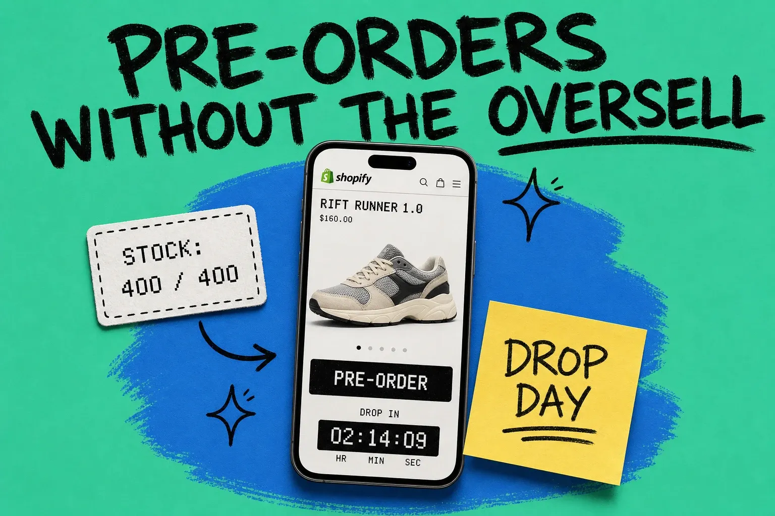 Smartphone showing a Shopify product drop page with a pre-order button and a countdown, blue brushstroke shape and inventory gauge on a teal background