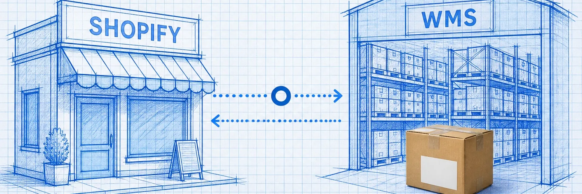 Blueprint diagram connecting a Shopify storefront node to a WMS warehouse node with dotted data-flow lines and a photoreal package at the warehouse end