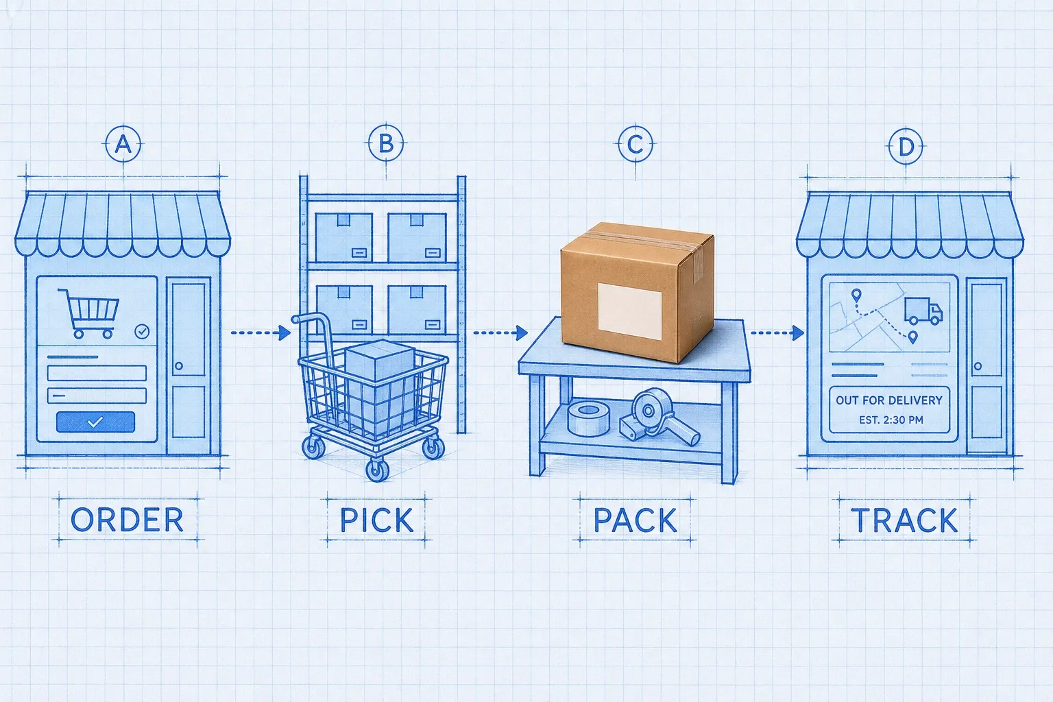 Left-to-right blueprint process flow showing Shopify order, WMS pick pack, then tracking returned to the storefront with a photoreal packed carton at the pack stage