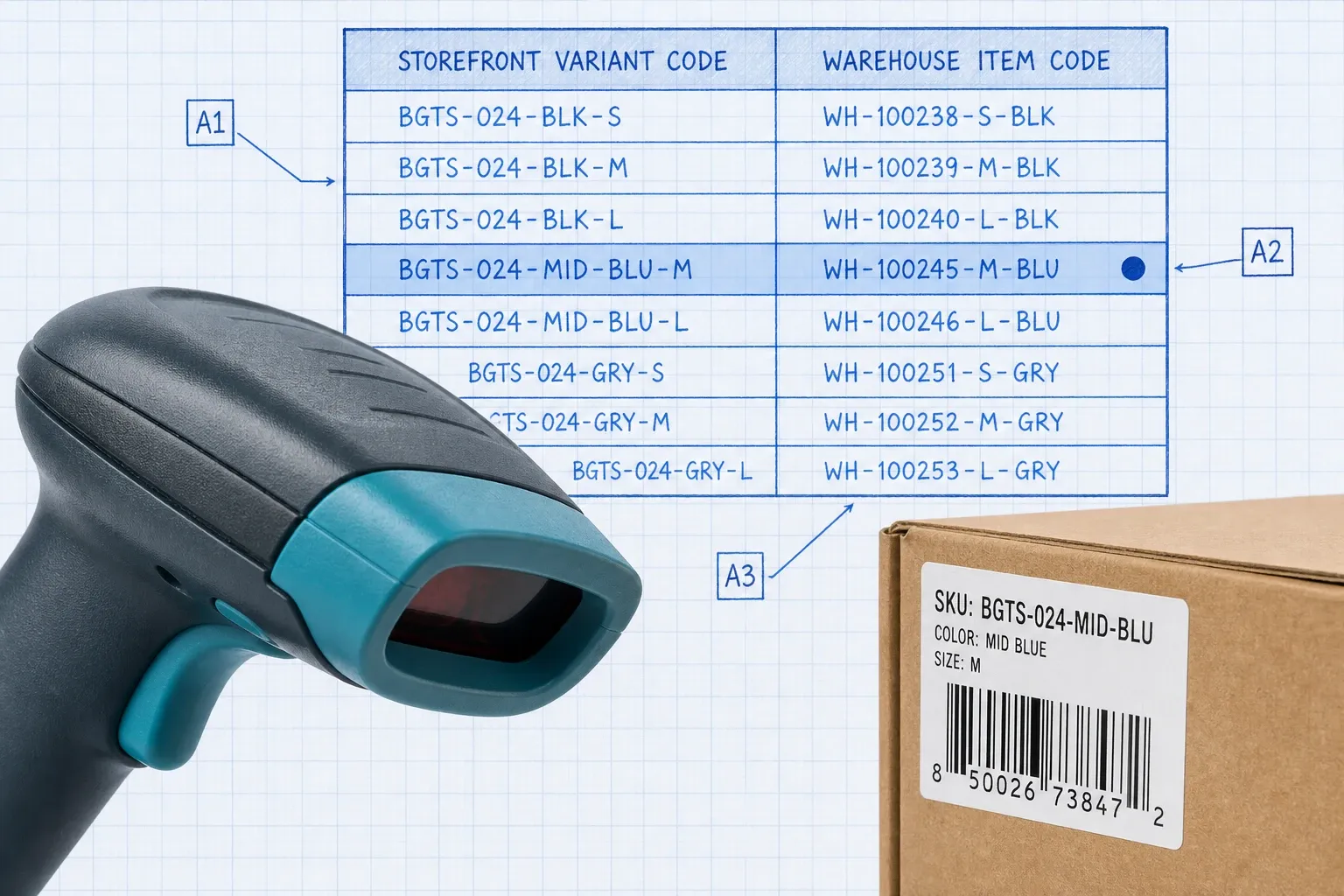 Photoreal handheld barcode scanner aimed at a product label beside a blueprint SKU cross-reference table matching Shopify variants to WMS item codes