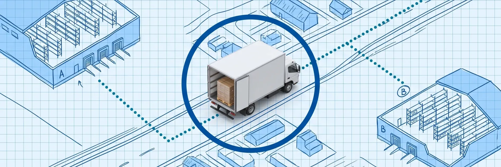 Hand-drawn blue blueprint map of two warehouses, A and B, with racking shown in cutaway, linked by a dotted route along a highway; a photoreal white box truck carrying a pallet of cartons sits mid-route inside a dark blue focus ring