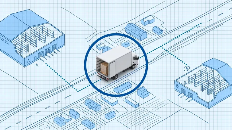 Hand-drawn blue blueprint map of two warehouses, A and B, with racking shown in cutaway, linked by a dotted route along a highway; a photoreal white box truck carrying a pallet of cartons sits mid-route inside a dark blue focus ring