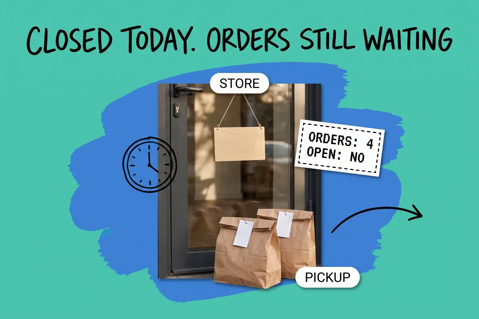 A store is closed today: mint collage with the hand-drawn headline Closed Today. Orders Still Waiting, a photographed glass shop door with a blank wooden sign, two brown paper pickup bags with blank tags, STORE and PICKUP labels, a clock doodle, an arrow and a dashed card reading Orders: 4 / Open: No