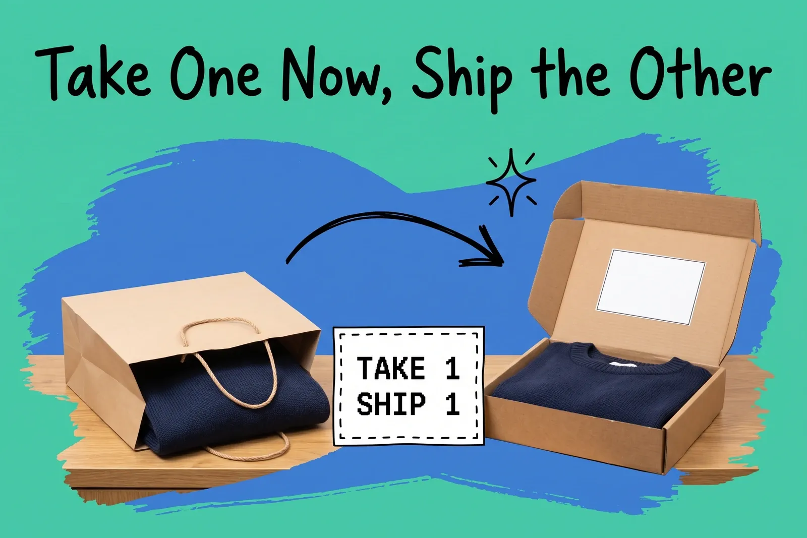Splitting one register sale — a navy sweater in a paper shopping bag and an identical sweater in an open shipping box, joined by a hand-drawn arrow, with a dashed card reading TAKE 1 SHIP 1 under the headline Take One Now, Ship the Other on a mint background