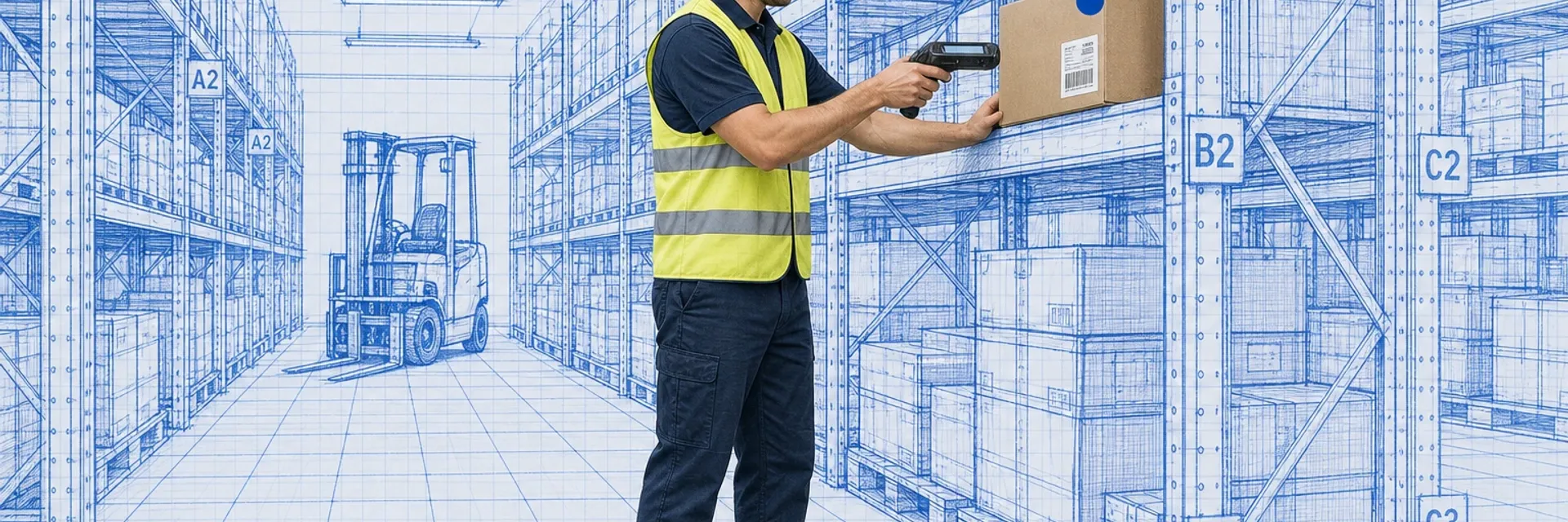 Warehouse operator using a barcode scanner at a labeled storage rack inside a blueprint-style warehouse