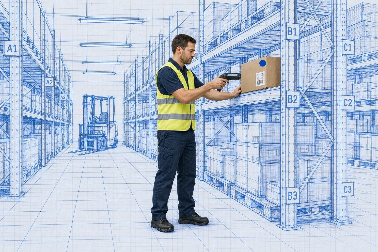 Warehouse operator using a barcode scanner at a labeled storage rack inside a blueprint-style warehouse