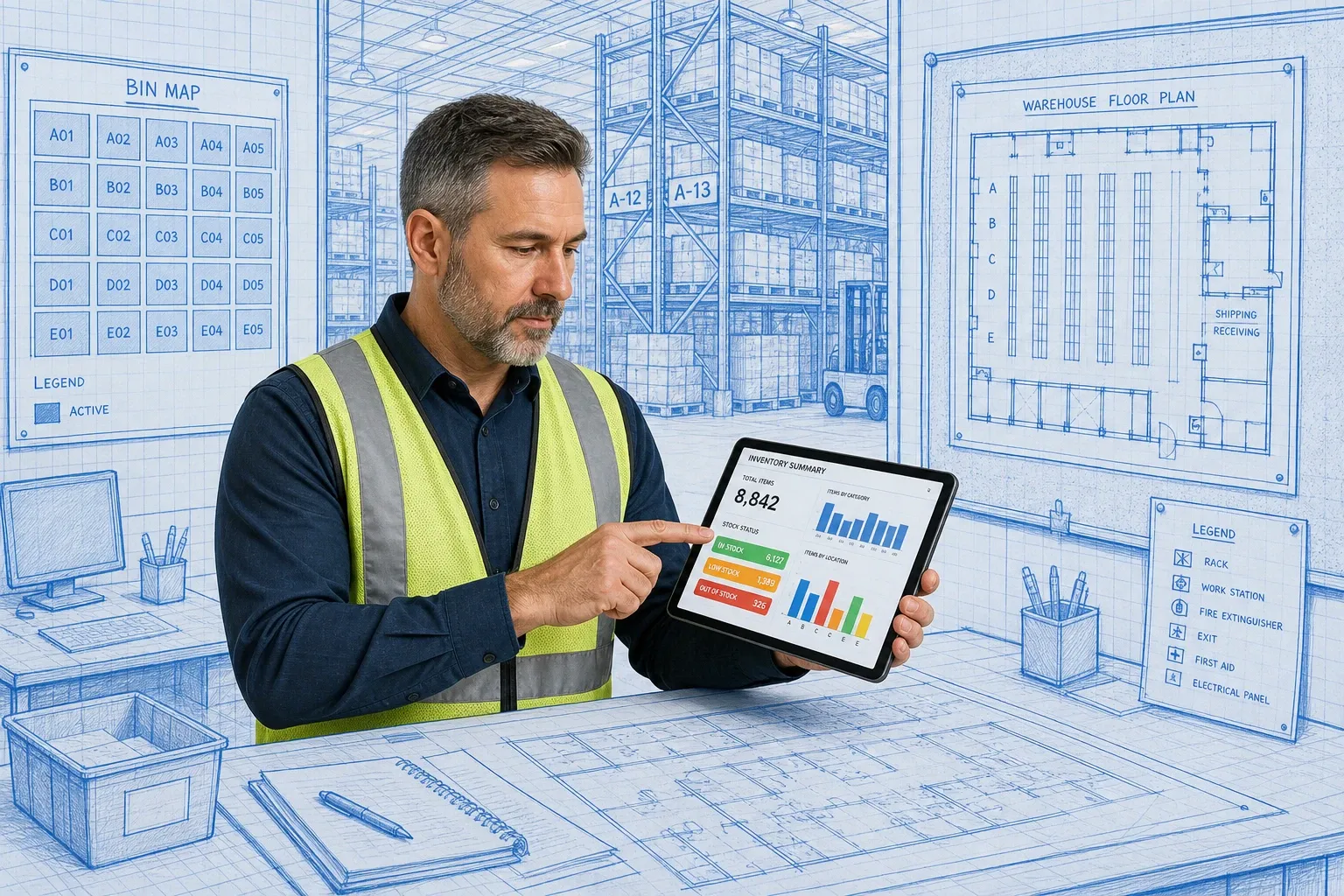 Warehouse operator checking a tablet next to labeled storage bins in a blueprint-style facility