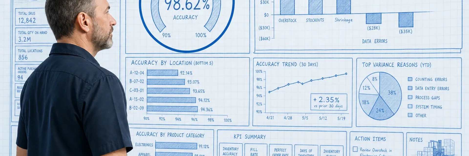 Blueprint warehouse operations dashboard showing inventory accuracy percentage gauge dropping from 99 percent to 65 percent with rising cost indicators and a cyan focus ring