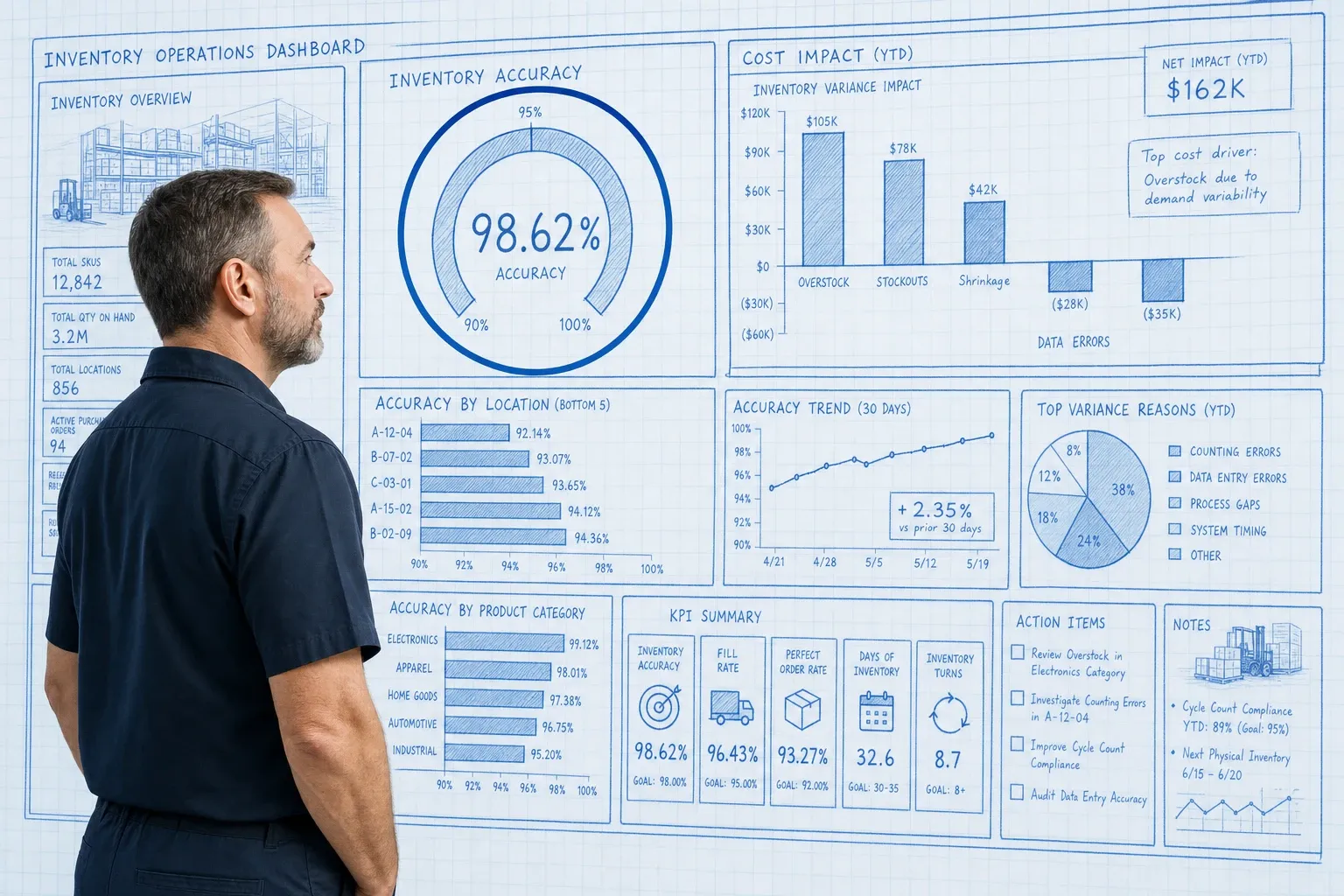 Blueprint warehouse operations dashboard showing inventory accuracy percentage gauge dropping from 99 percent to 65 percent with rising cost indicators and a cyan focus ring