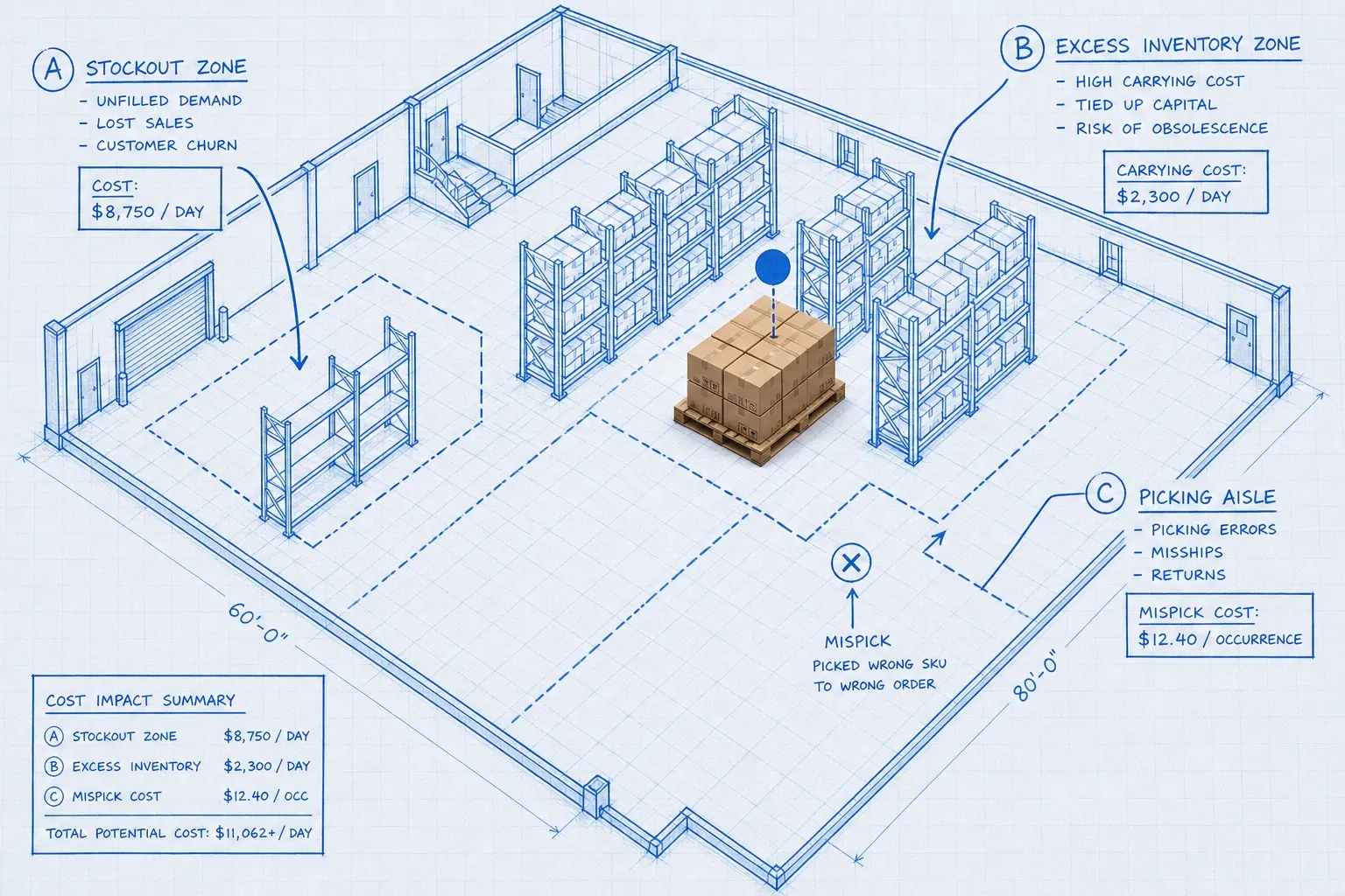 Blueprint-style isometric warehouse floor plan with labeled bin locations and cost annotation callouts showing stockout and mispick dollar losses at specific zones