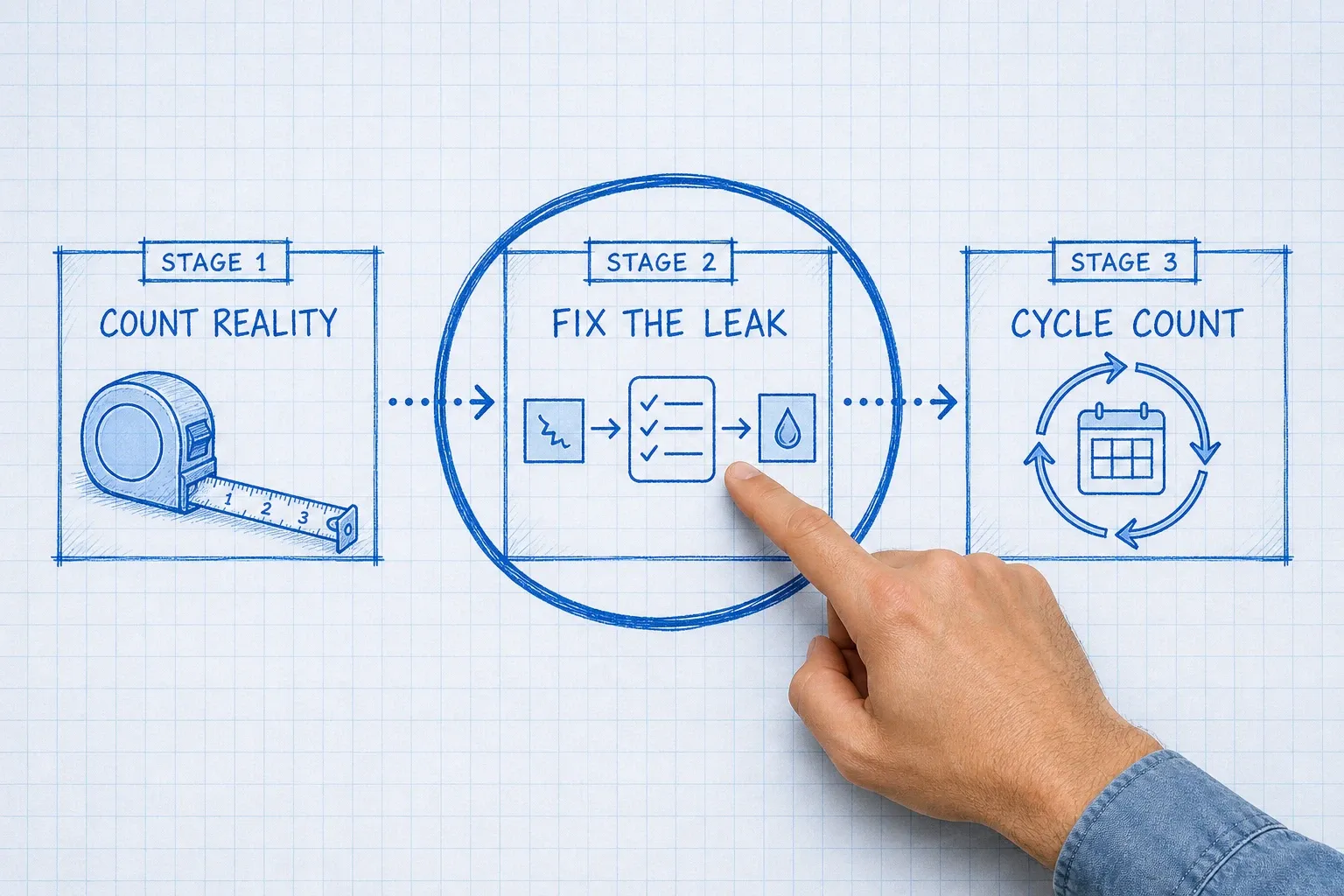 Blueprint-style process flow diagram showing inventory accuracy improvement stages from manual counting to real-time WMS scanning with error rate reduction annotations
