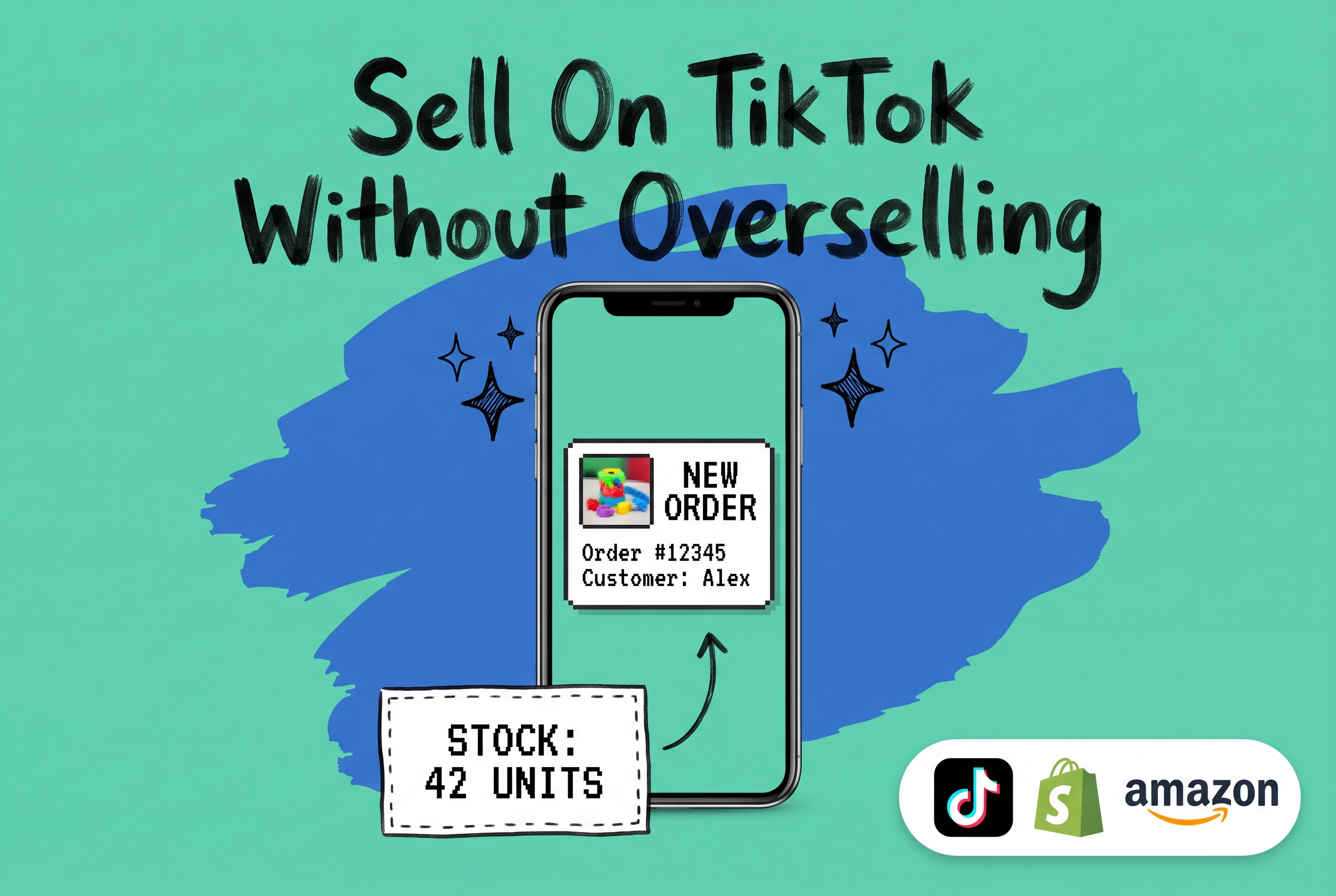 TikTok Shop order notification on a smartphone with a 42 unit stock card, TikTok, Shopify and Amazon marketplace logos