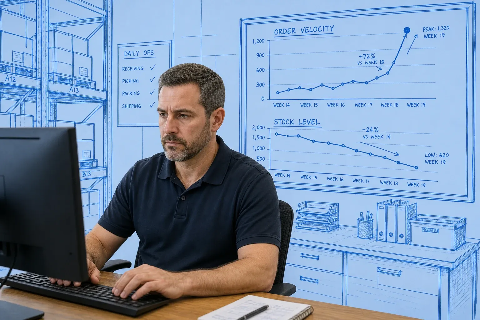 Blueprint process flow diagram showing a warehouse shelf connected via a sync layer to TikTok Shop and Shopify order streams, with inventory count numbers updating in real time on a blueprint dashboard