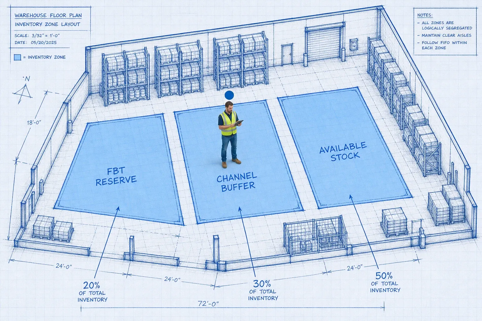 Blueprint warehouse floor plan cutaway showing inventory zones labeled FBT Reserve, Channel Buffer, and Available Stock, with a photoreal warehouse operator reviewing a stock report tablet