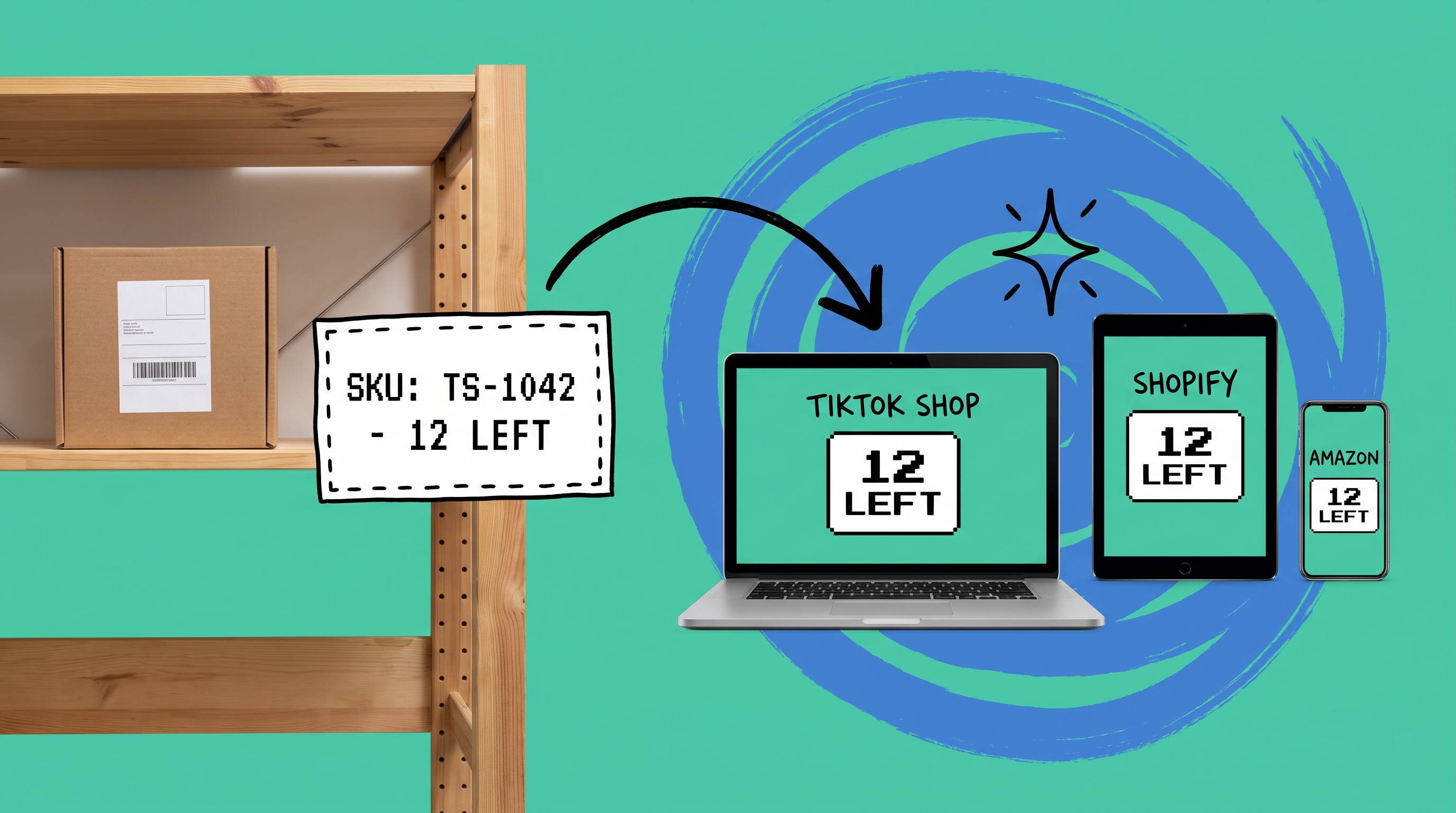 Warehouse shelf stock card reading 12 left next to a laptop, tablet and phone each showing the same 12 left count for TikTok Shop, Shopify and Amazon
