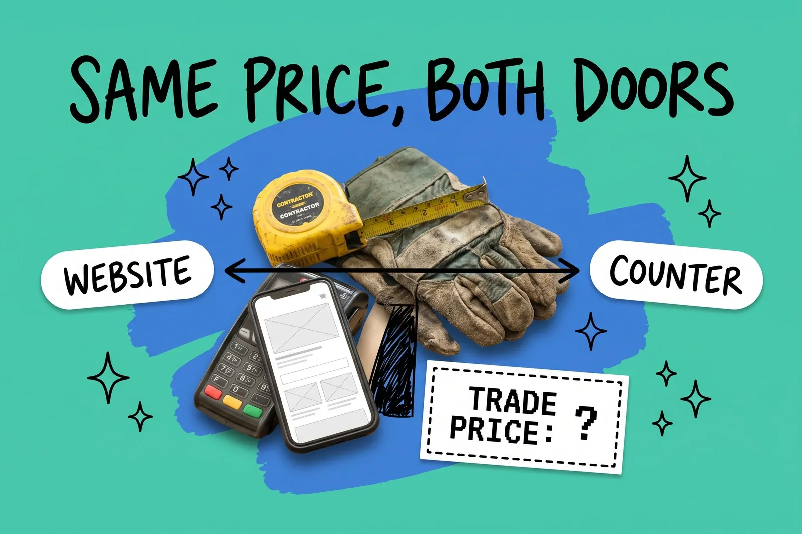 Trade customers online and in store — hand-drawn black headline SAME PRICE, BOTH DOORS on a mint background, a photographed yellow tape measure marked CONTRACTOR and worn work gloves beside a card terminal and a phone showing a blank product page on a blue brushstroke, with WEBSITE and COUNTER pill cards joined by a double arrow and a dashed card reading TRADE PRICE: ?