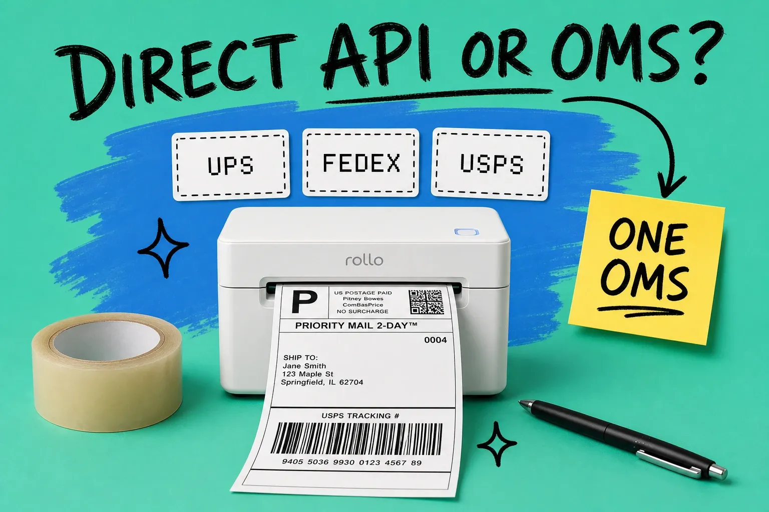 Thermal shipping label printer on a teal background with UPS FedEx and USPS cards, blue brushstroke, and hand-drawn annotations